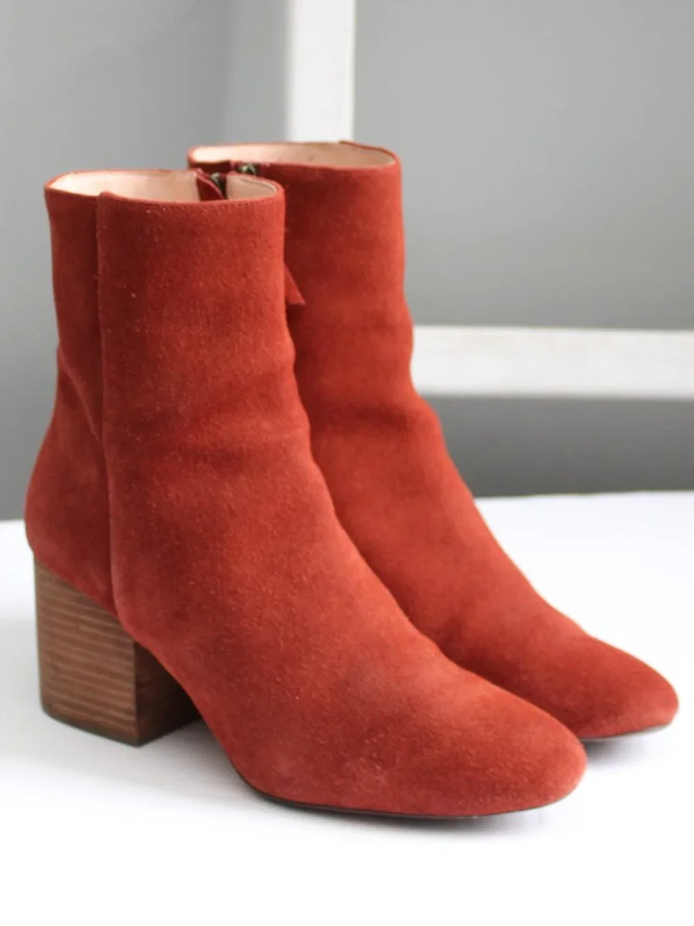 J.Crew Suede Sadie Heeled Ankle Booties Boots in Redwood Red Orange Size 8